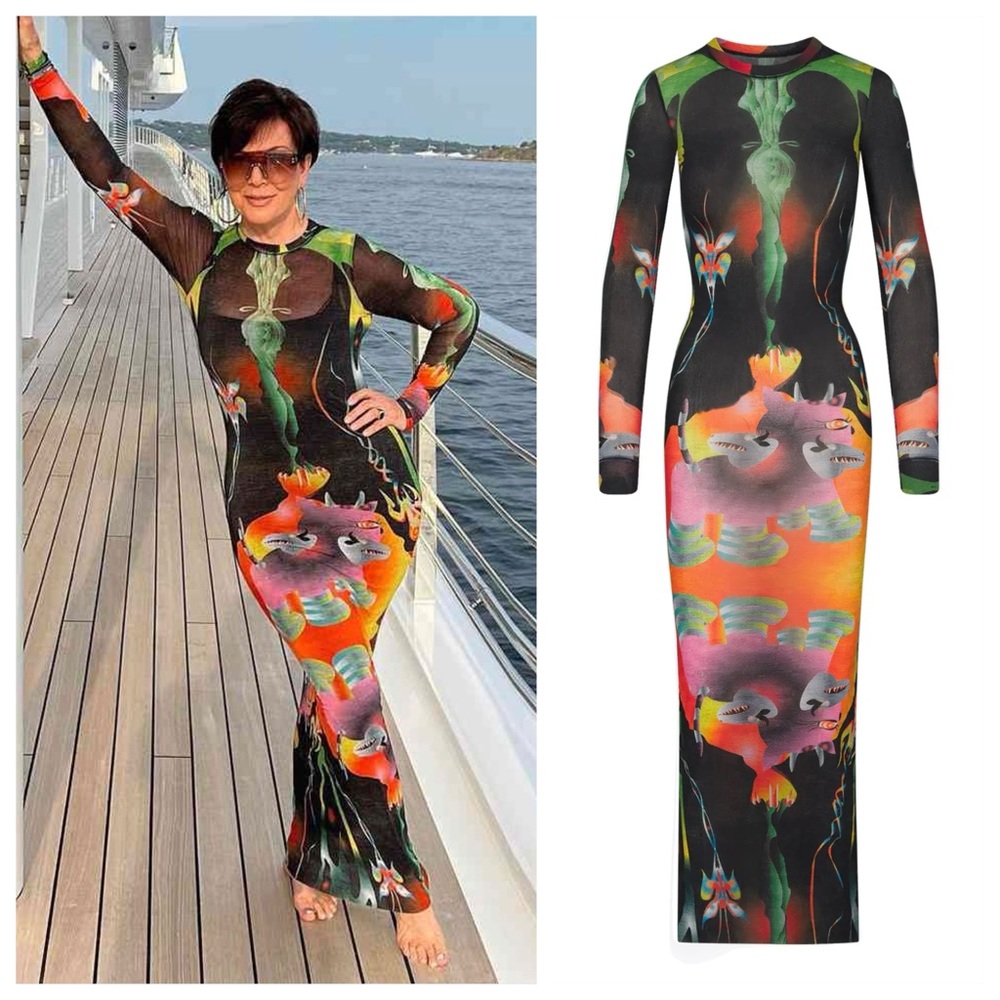 Skims Summer Mesh Long Sleeve Dress (Sz S) Obsidian Print Maxi Black Multi